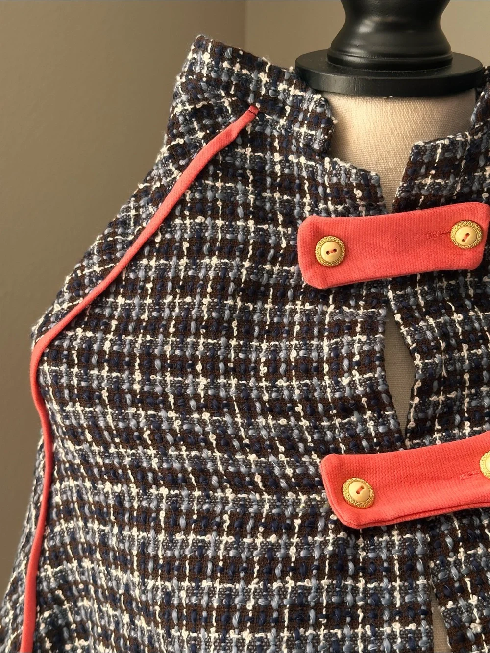 Vintage Mia Belle Baby Couture Black Brown Tweed Cape Coral Trim Gold Accents